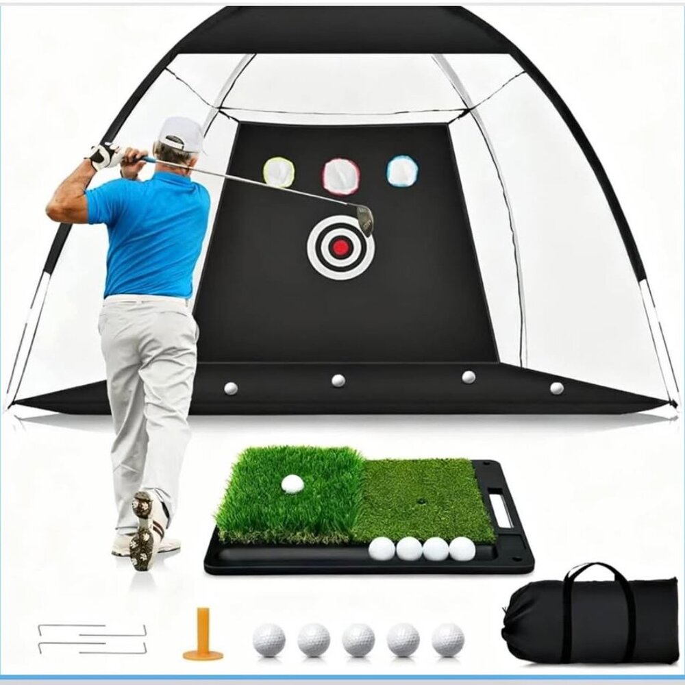10x7FT Golf Practice Net with Tri-Turf Mat for Outdoor Indoor, All-in-One